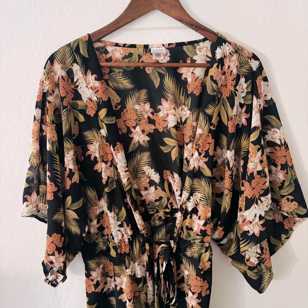 Black‎ Pink Floral Kimono Style Swim Cover Up L/XL - Picture 2 of 4